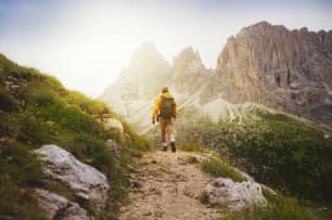 Lone hiker in the Dolomite mountains